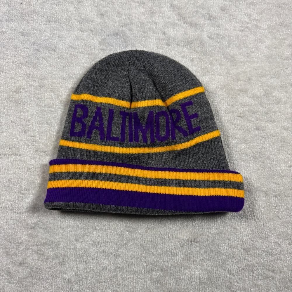 Baltimore Beanie Hat Grey Purple Gold Striped‎ Cuffed Knit Winter Cap Unisex